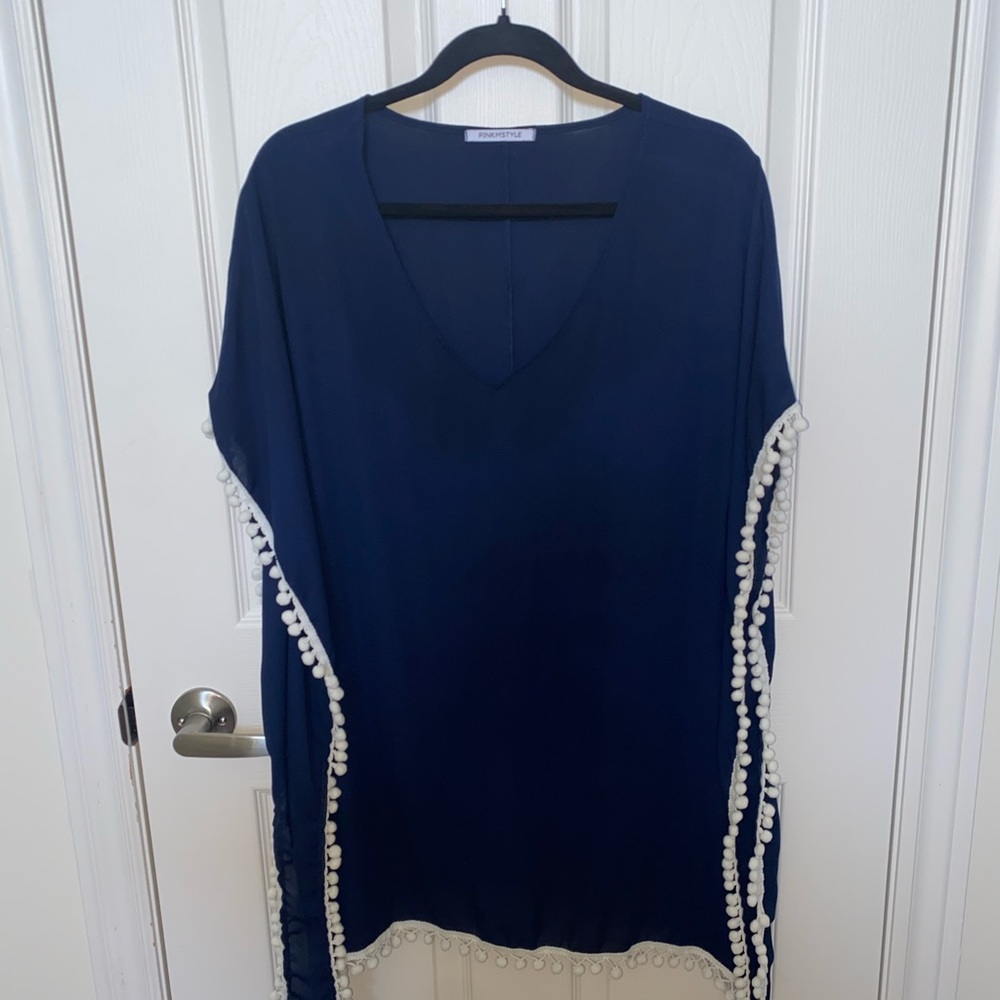Navy Pom-Trim Swim Cover-Up